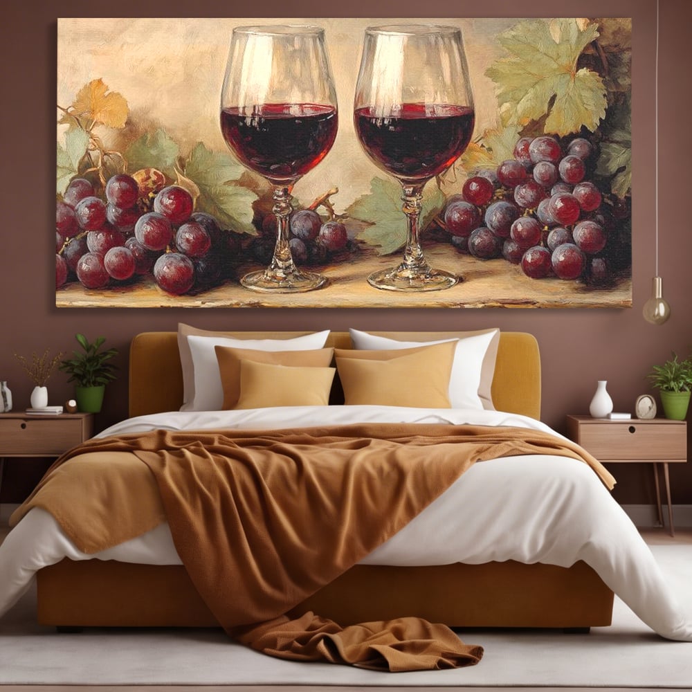 Tablou Canvas Pictura cu Doua Pahare de Vin Rosu, Rosu Grena si Bej Deschis, N1031